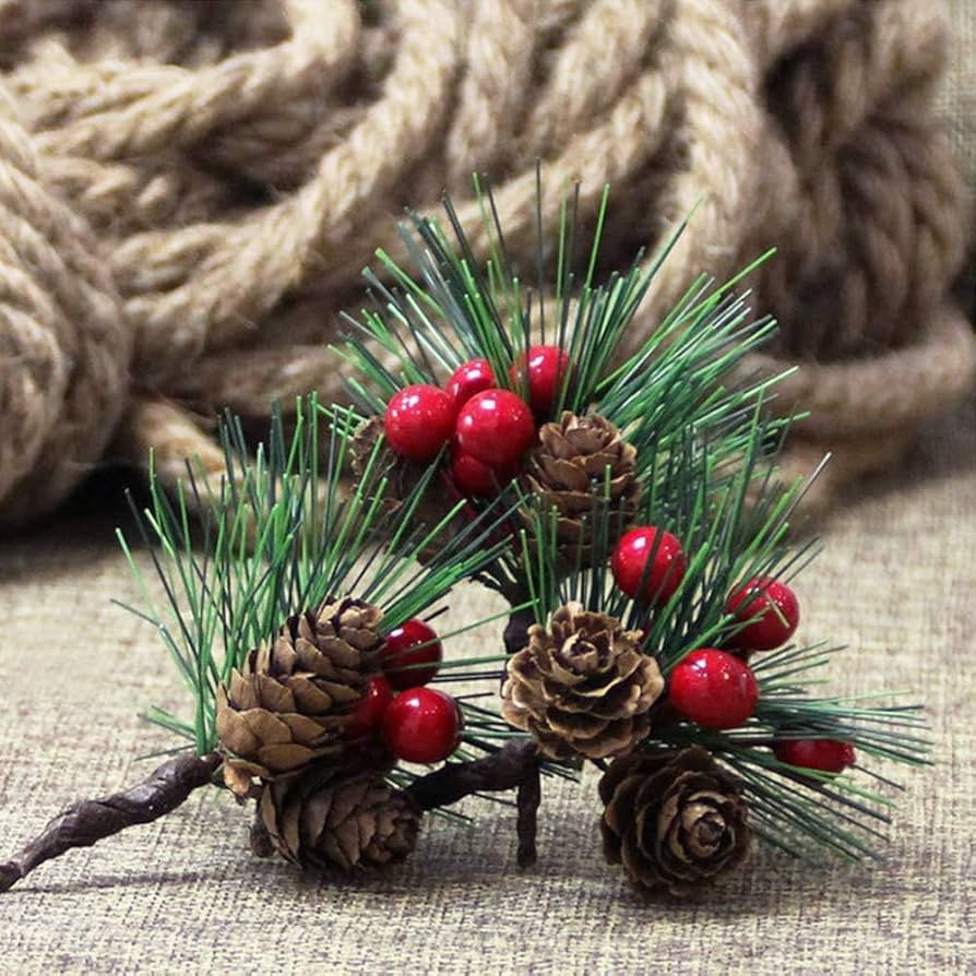 Amazon.com: Christmas Berry Picks with Pine Cones & Holly Stems, Artificial Red Berry Evergreen P... | Amazon (US)
