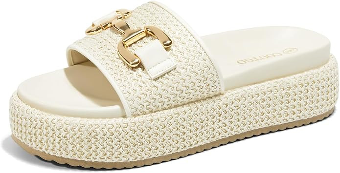 Coutgo Womens Platform Sandals Raffia Espadrilles Metal Chain Slip on Open Toe Cute Beach Slide S... | Amazon (US)