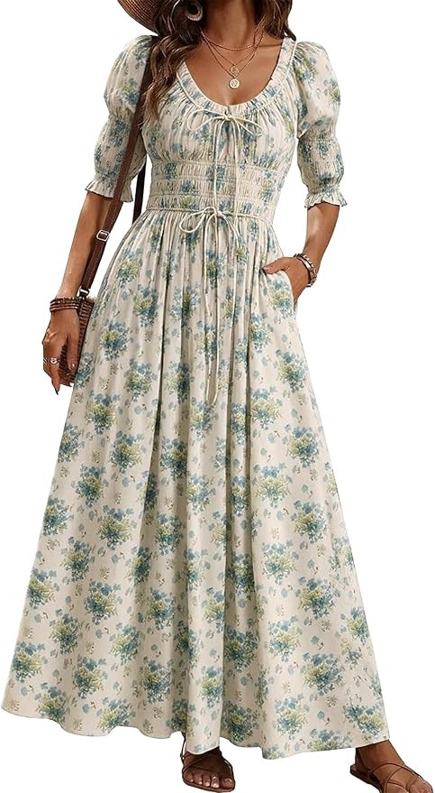 Women's Boho Floral Puff Sleeve Maxi Dress with Pockets | Amazon (US)