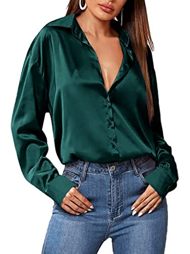 Zeagoo Satin Button Up Shirts for Women Silk Long Sleeve V Neck Curved Hem Business Work Blouse Tunic Top Dark Green M | Amazon (US)