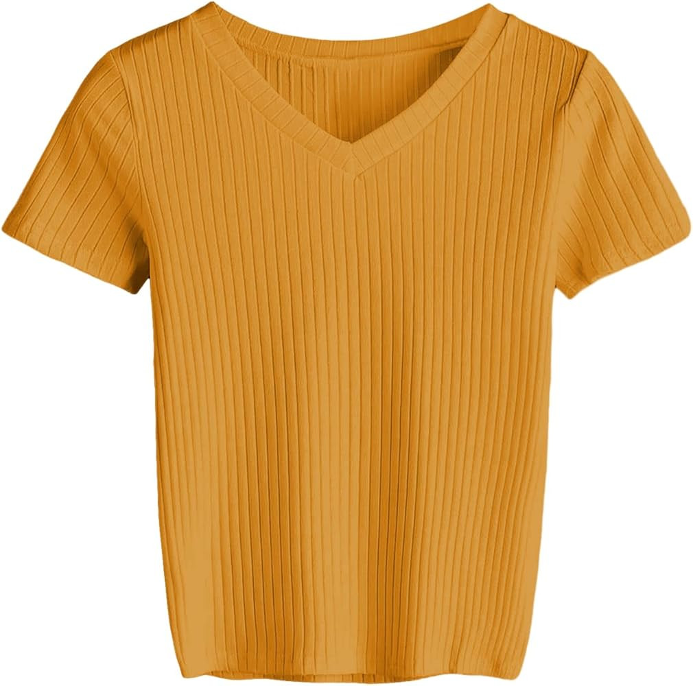 SweatyRocks Women's Basic Short Sleeve V Neck Ribbed Knit Crop Top Tee Shirt | Amazon (US)