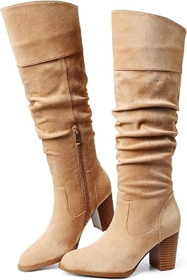 Erocalli Women's Suede Slouch Knee High Boots Chunky Heel Fall Tall Boot | Amazon (US)