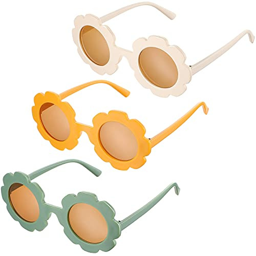 3 Pieces Kids Flower Sunglasses Toddler Girls Round Flower Glasses Baby Cute Sunglasses Outdoor Beach Colorful Eyewear (Green, Yellow, Beige) | Amazon (US)
