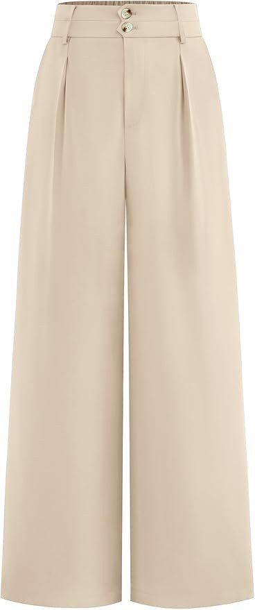 CFLONGE Women Wide Leg Dress Pants High Waist Work Trousers Button Pleated Slacks Palazzo Pants B... | Amazon (US)