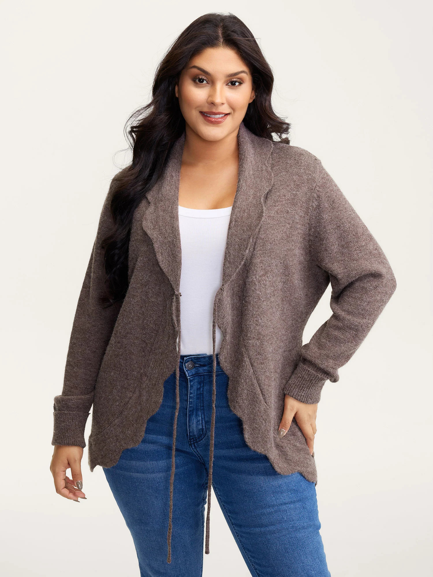 Wavy Arc Hem Tie-Front Knit Cardigan | Bloomchic