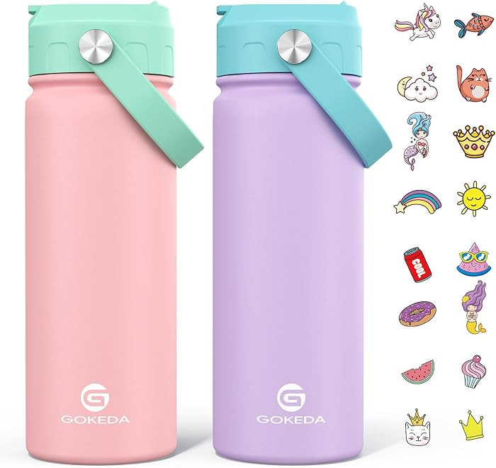 GoKEDA 18oz Kids Water Bottle, 2 Pack Stainless Steel Straw Cup | Amazon (US)