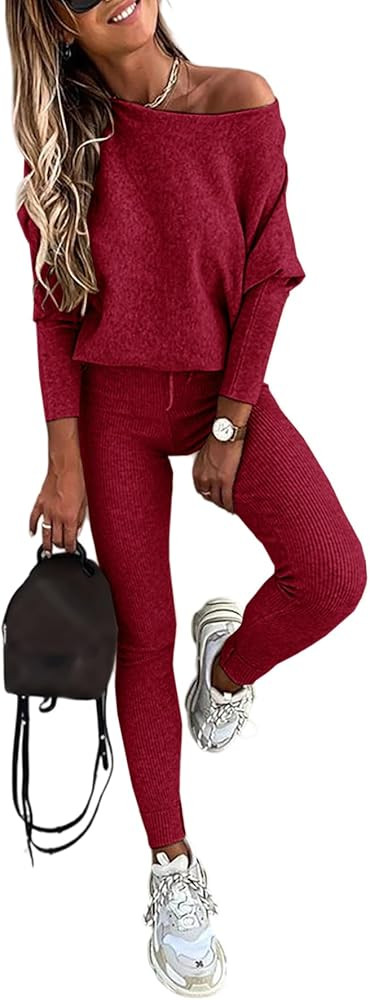 CHICME 2 Piece Lounge Outfit Long Sleeve Knit Pullover Tops Drawstring Pants Set Tracksuit Sweats... | Amazon (US)