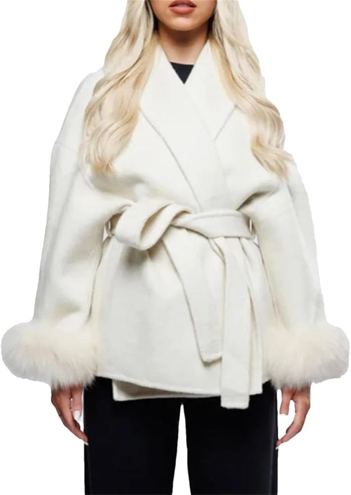 Women Elegant White Detachable Faux Fur Cuffs Woolen C133 Lapel Belt Long Sleeve Warm Jacket | Amazon (US)