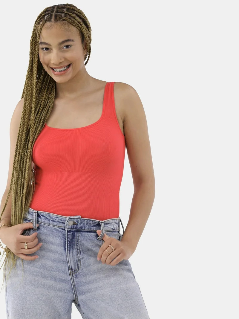 No Boundaries Women's Seamless Smoothing Rib Square Neck Bodysuit, Sizes XS-XXXL | Walmart (US)