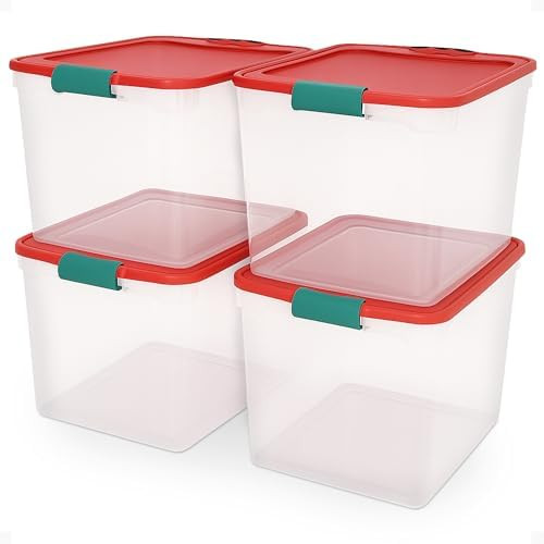 HOMZ 4-Pack Holiday Tote, Plastic Storage Organizer Bins with Lids, 31 Quart, Clear/Red - Stackab... | Amazon (US)