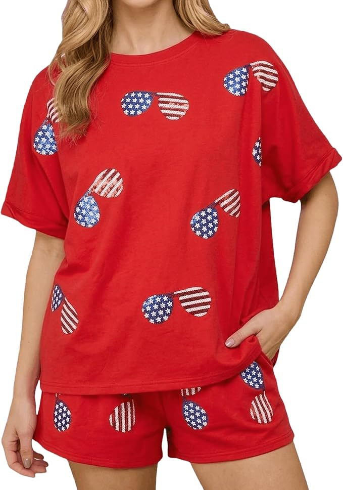 Patriotic 2 Piece Short Sets for Women Summer 4th of July Matching Lounge Set Sequin Short Sleeve... | Amazon (US)
