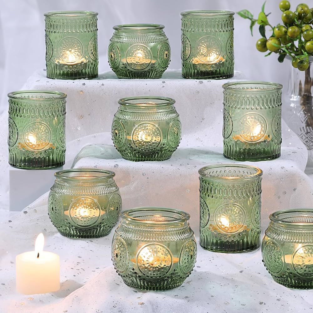 12Pcs Green Votive Candle Holders - Glass Tea Light Candle Holder for Wedding Shower, Candle Hold... | Amazon (US)