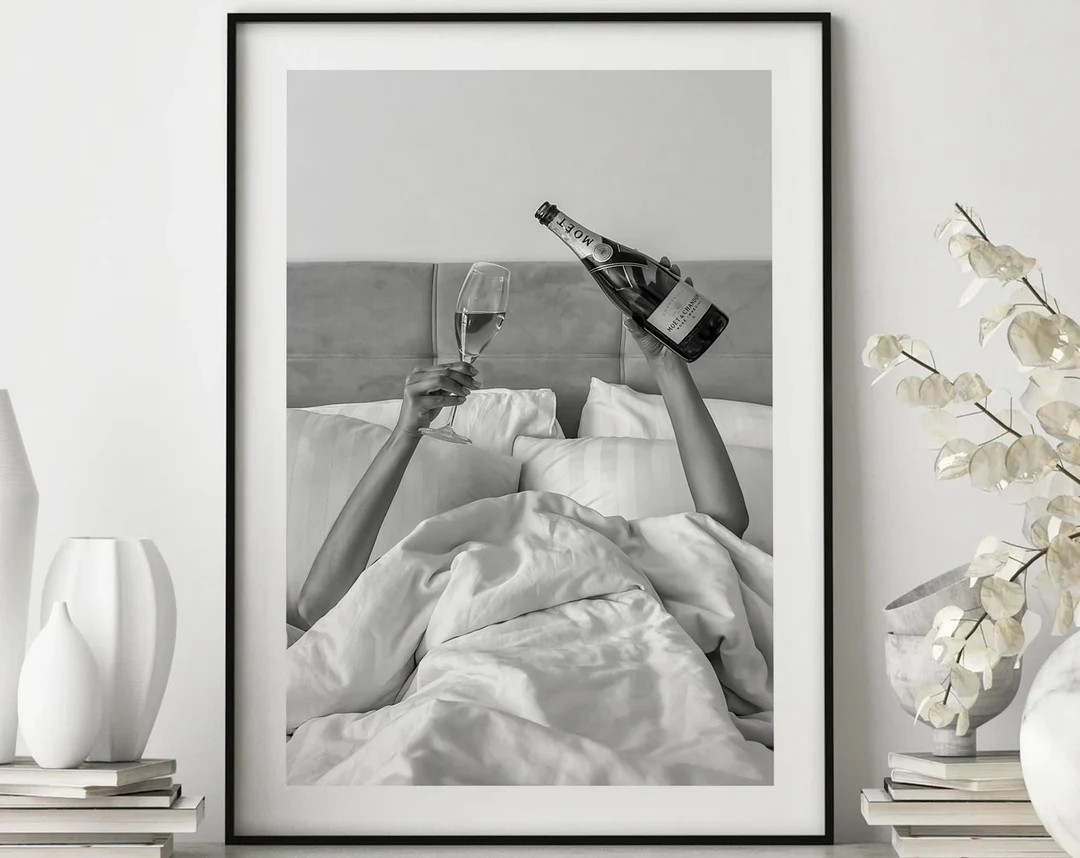 Woman Drinking Wine in Bed Poster Print, Feminist Poster, Black and White, Alcohol Wall Art, Bar ... | Etsy (US)
