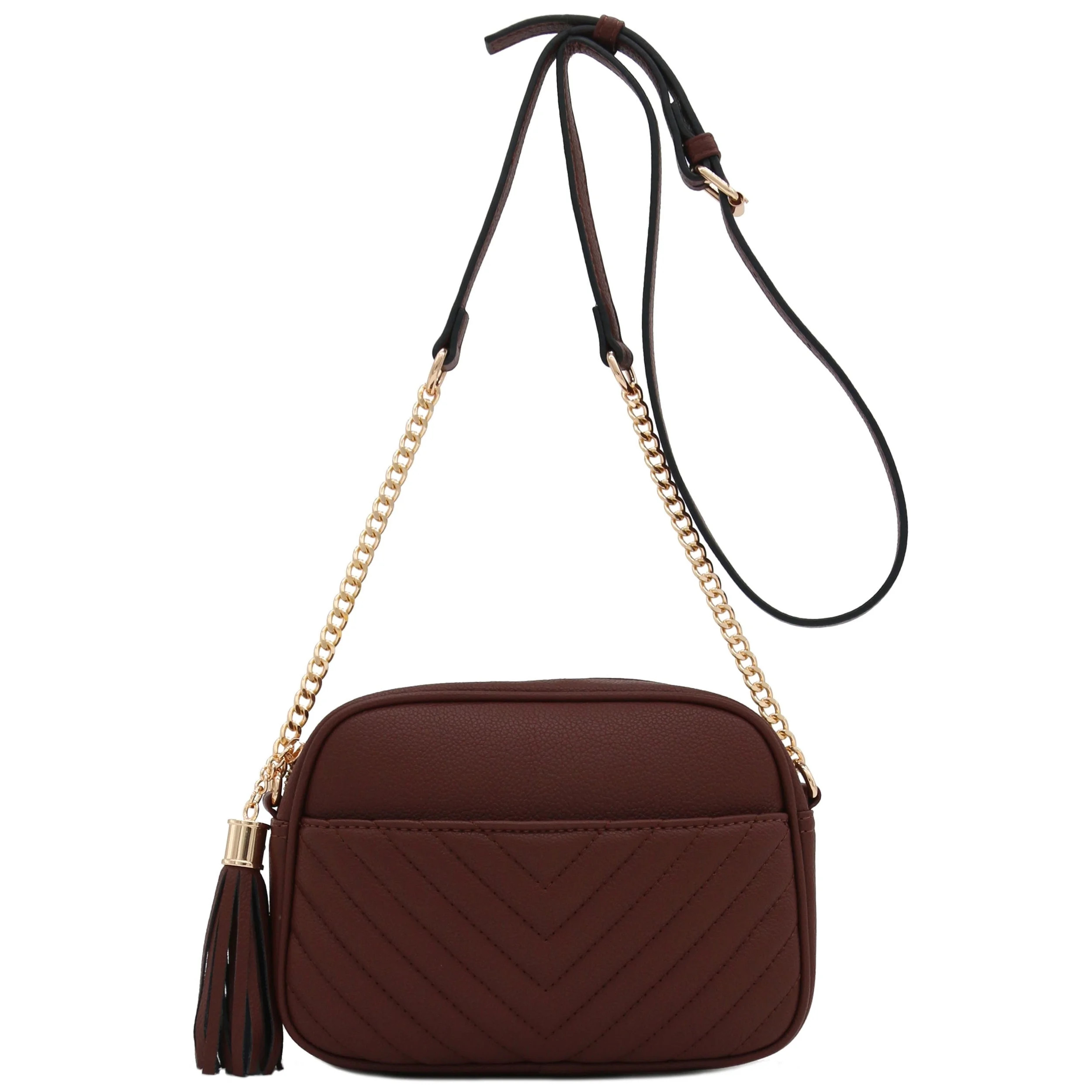 FashionPuzzle Chevron Quilted Crossbody Camera Bag with Chain Strap and Tassel (Coffee) | Walmart (US)