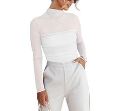 REORIA Women’s Sexy Mock Turtle Neck Long Sleeve Sheer Mesh Ruched Going Out Bodysuits Tops | Amazon (US)