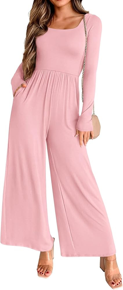 KIRUNDO Long Sleeve Jumpsuit for Women 2026 Spring Outfits Summer One Piece Square Neck Wide Leg ... | Amazon (US)