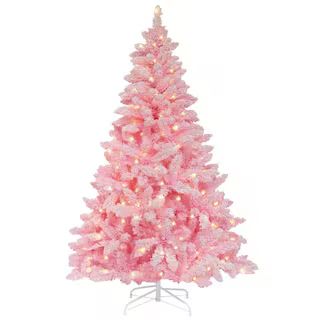 6.5 ft. Pre-Lit LED Artificial Christmas Tree Flocked with Warm White Light, Pink | The Home Depot