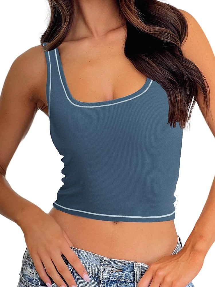 Danysu Women Rib Tank Top Padded Workout Top Square Neck Crop Tank Fitted Basic Cami Tops | Amazon (US)