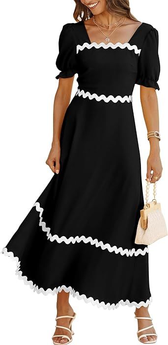 BTFBM Women's 2024 Summer Square Neck Short Puff Sleeve Dress Casual RIC Rac Tie Back Smocked A L... | Amazon (US)