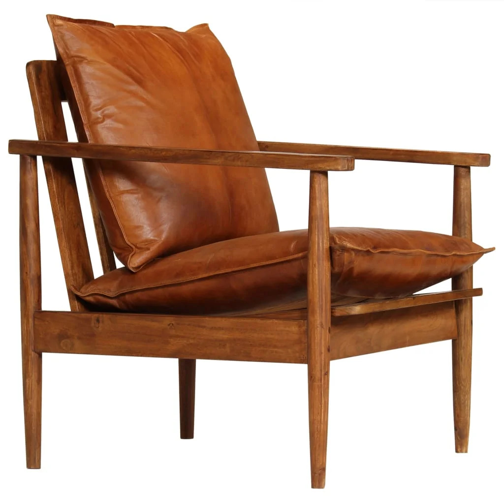 Armchair Brown Real Leather with Acacia Wood - Walmart.com | Walmart (US)