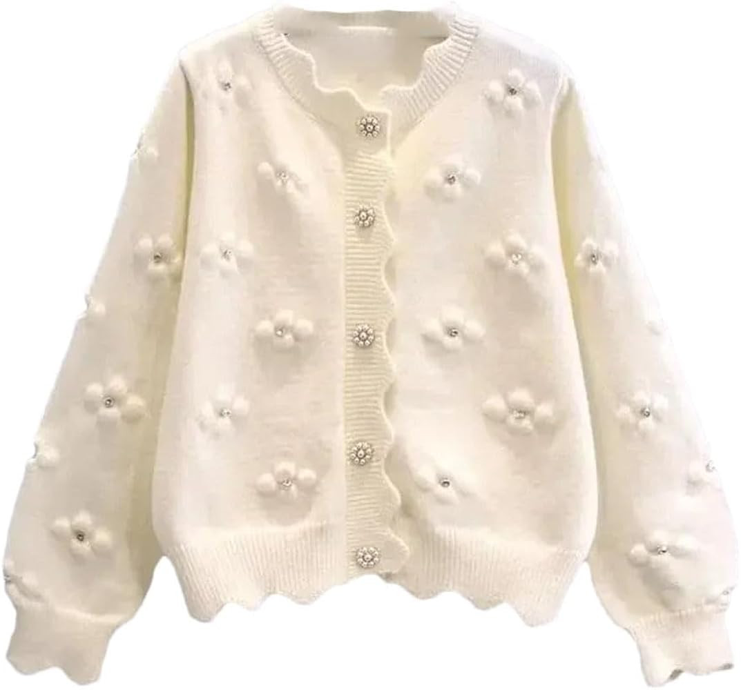 Women's Long Sleeve Crewneck Preppy Style Knitted Cardigan 3D Embroidered Flower Sweater Jacket | Amazon (CA)