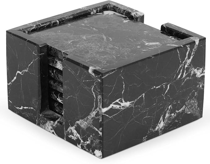 Marble Coasters Set of 6 Black 3.5 Inch Square Coaster for Drinks with Holder, Drink Coaster for ... | Amazon (US)
