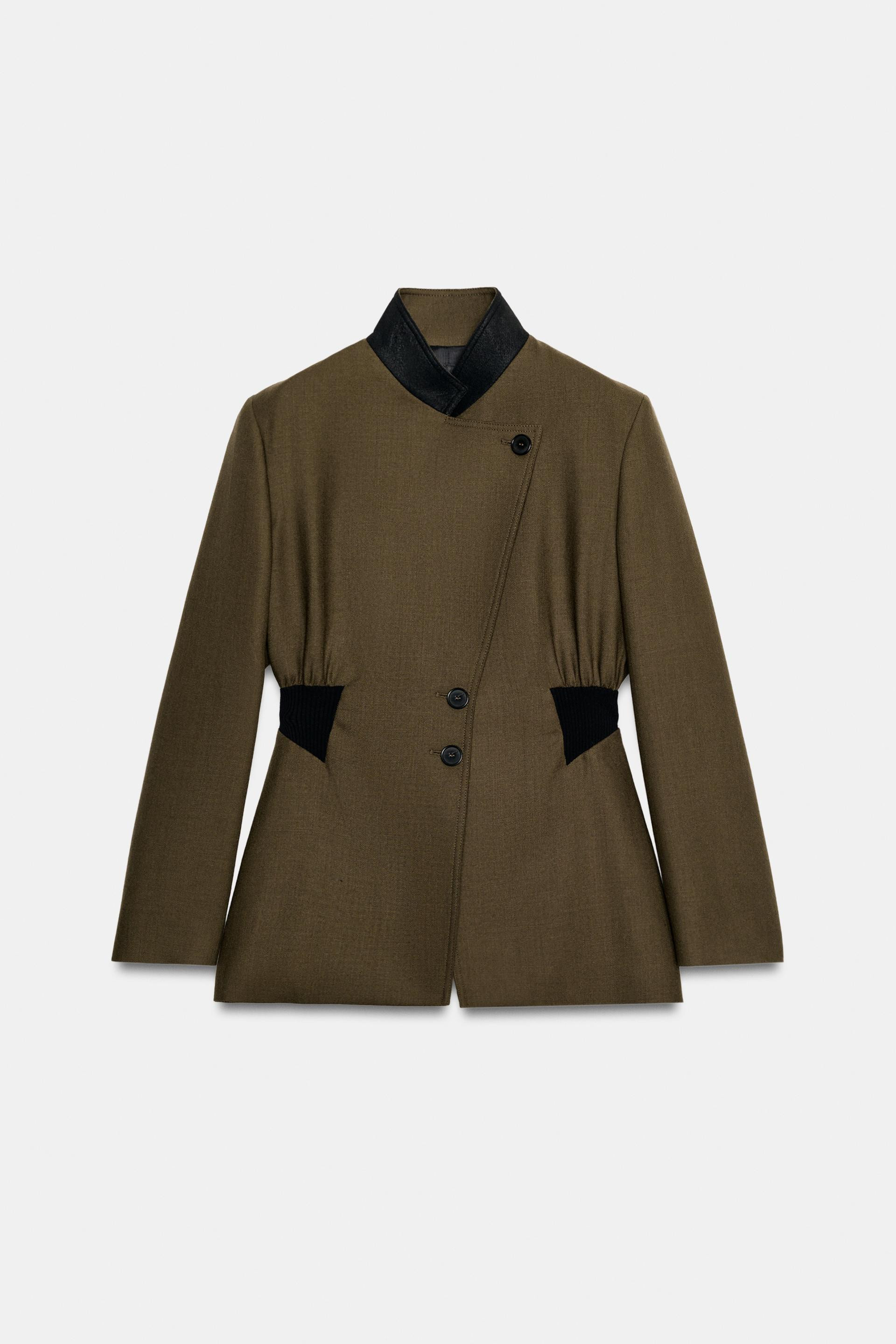 Zara - Zw Collection 100% Wool Fitted Jacket With Elasticated Waist - Mid Khaki - Xs - Woman | Zara UK