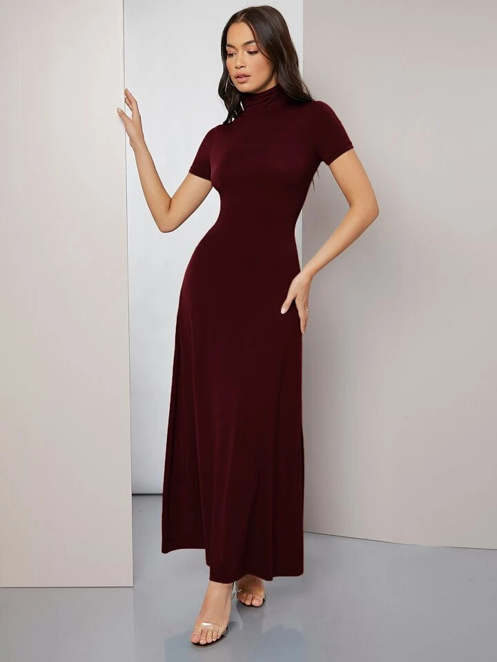 SHEIN Mulvari Elegant Burgundy Red High Neck Long Modest Arabian Dress | SHEIN