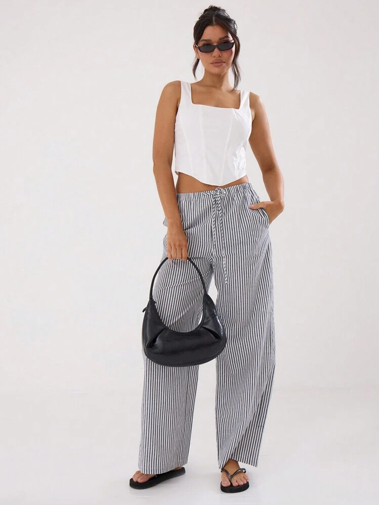 MUSERA Summer Textured Linen Feel Tie Waist Trousers Ibiza Fits Spring Boho | SHEIN