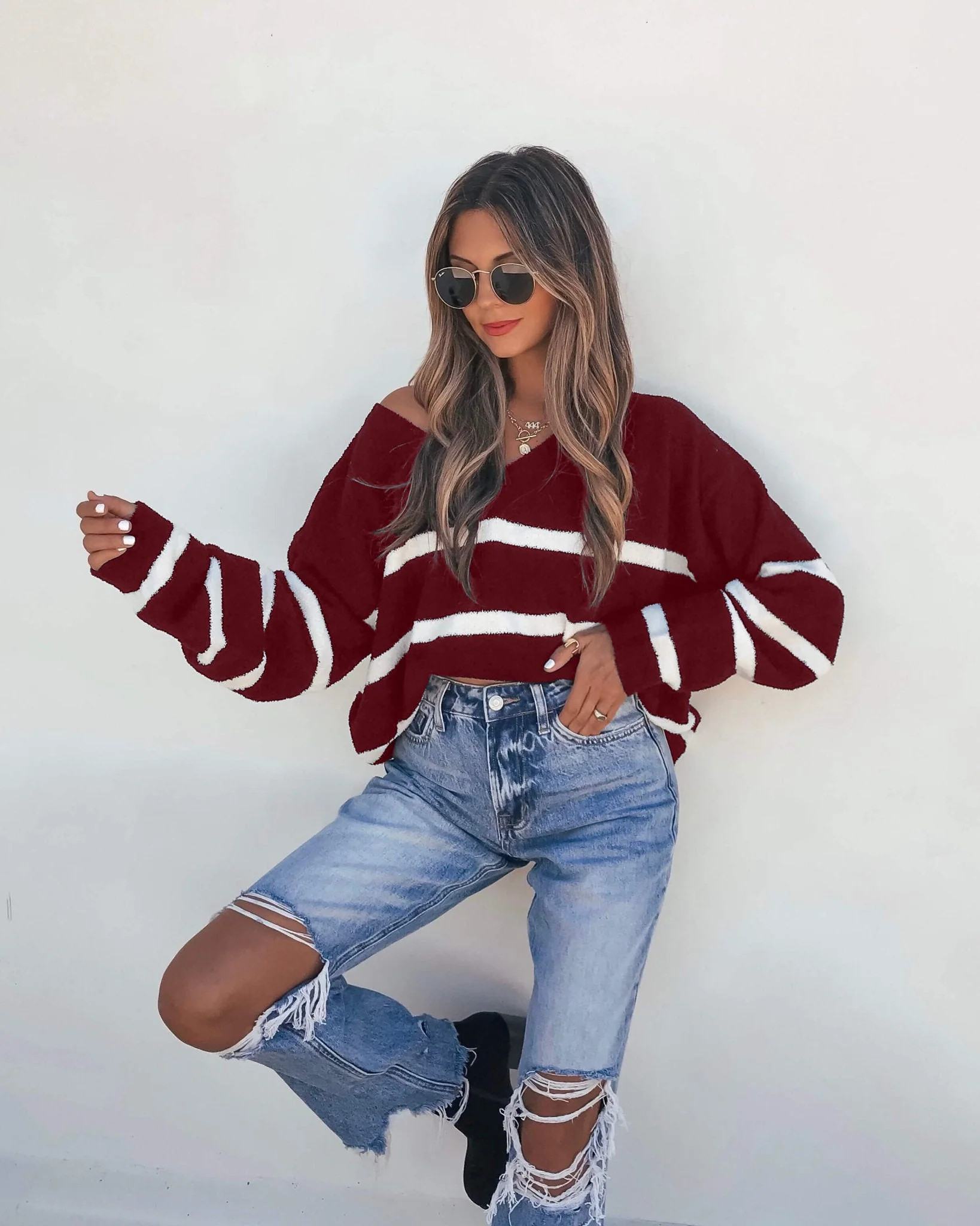 Red and White Striped V Neck Sweater | Magnolia Boutique