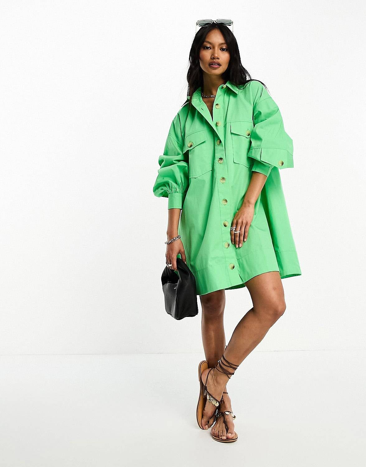 ASOS DESIGN utility mini shirt dress with pocket sleeve detail in green | ASOS (Global)