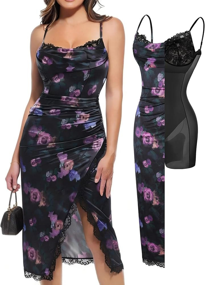 Popilush Shapewear Corset Dress Women's Satin Ruched Midi Dress Cocktail Date Night Classy Dresse... | Amazon (US)