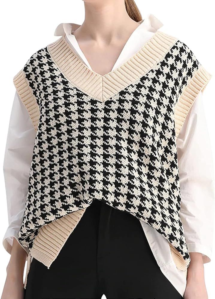 FASHIONMIA Sweater Vest Women V Neck Knit Oversized Houndstooth Retro Argyle Plaid Pullover Y2K | Amazon (US)