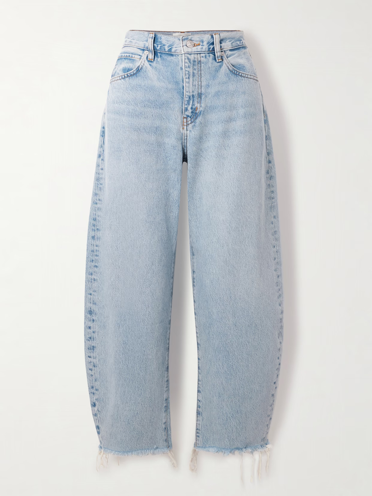 FRAME - The Bubble Crop Frayed High-rise Barrel-leg Jeans - Light denim | NET-A-PORTER (UK & EU)
