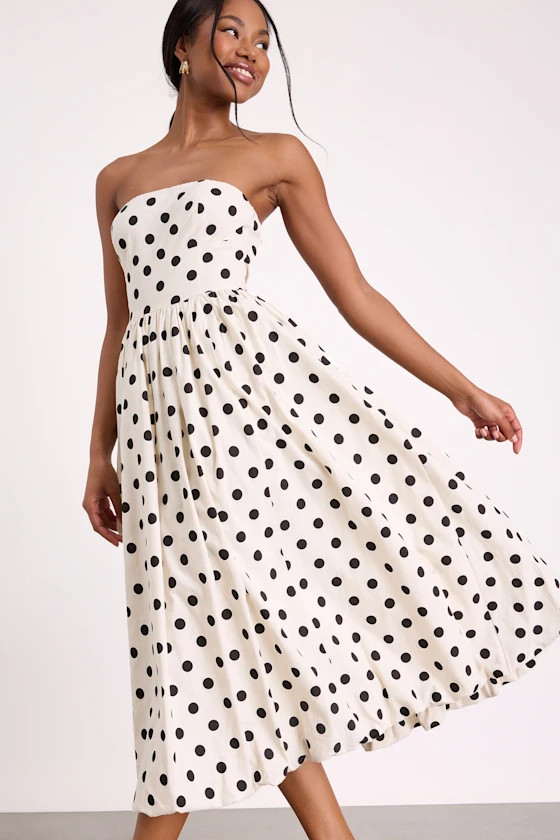 Terrance Ivory Polka Dot Strapless Bubble-Hem Midi Dress | Lulus