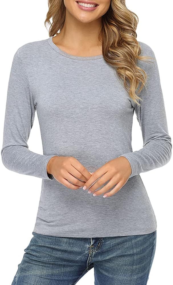 Fuinloth Women's Basic Long Sleeve T Shirts, Crewneck Slim Fit Spandex Tops, Plain Layer Underscr... | Amazon (US)