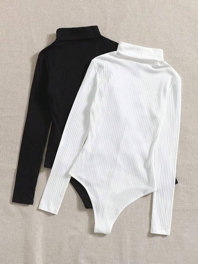 Women's 2 Piece Turtleneck Long Sleeve Ribbed Knit Bodysuit T Shirt Tops | SHEIN