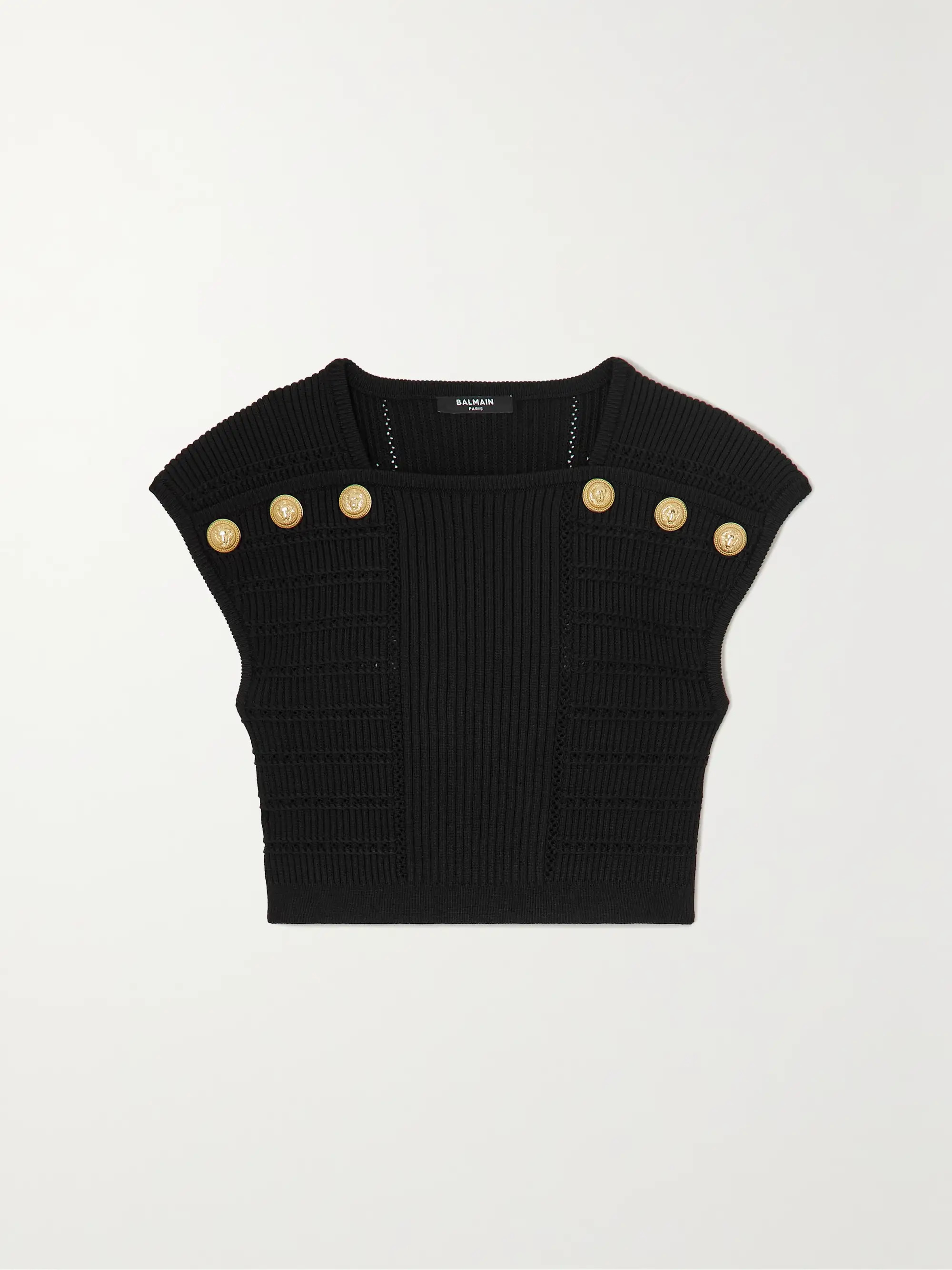 Black Cropped button-embellished ribbed-knit top | BALMAIN | NET-A-PORTER | NET-A-PORTER (US)