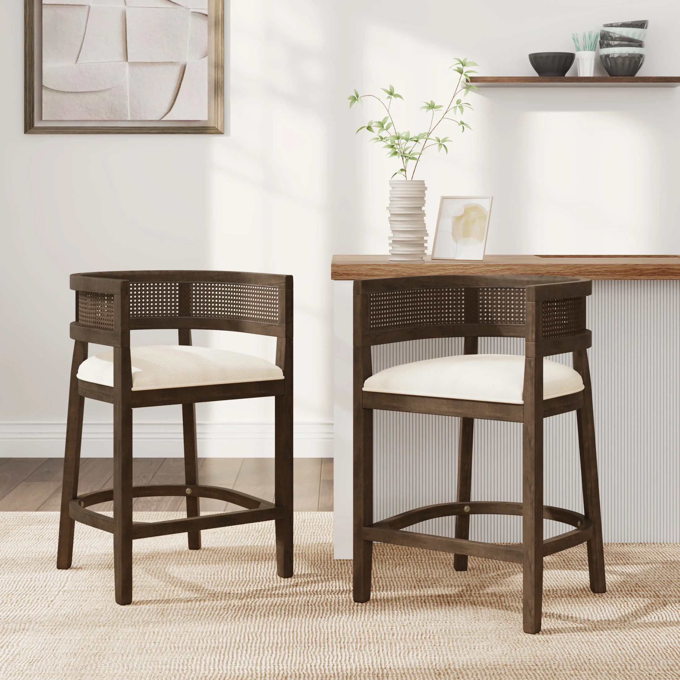 Christopher Knight Home 25.5" Upholstered Counter Stools, Wood Frame with Rattan Back, Walnut, Se... | Walmart (US)