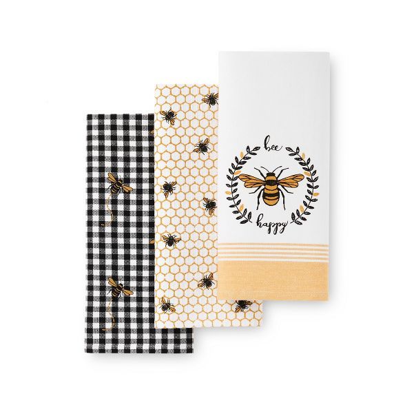 Farmhouse Living Bee Happy Honeycomb Kitchen Towels, Set of 3 - 18" x 28" - Elrene Home Fashions | Target