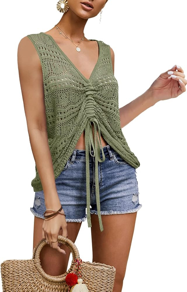 Saodimallsu Womens Crochet Cover Up Oversized V Neck Flowy Boho Crop Tops Summer Beach Coverup Va... | Amazon (US)
