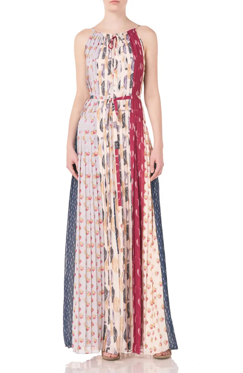 ML Monique Lhuillier Pleated Mixed Print Chiffon Maxi Dress | Nordstrom | Nordstrom