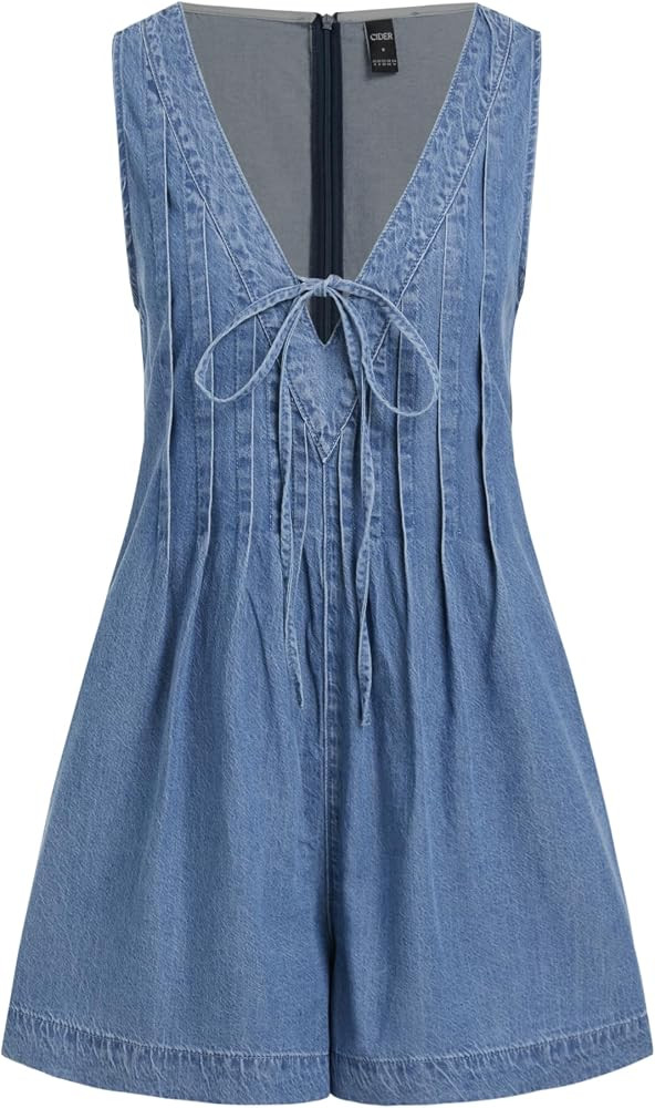 CIDER Overall Denim Romper for Women Sleeveless V Neck Bow Tie Jean Shorts Romper Dress | Amazon (US)