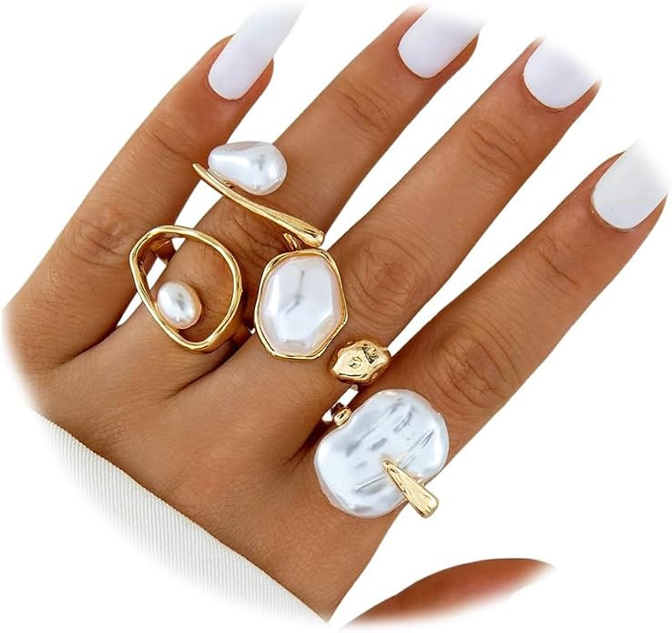Delicate Gold Chunky Hollowed Stackable Irregular Pearl Rings Set for Women | Amazon (US)