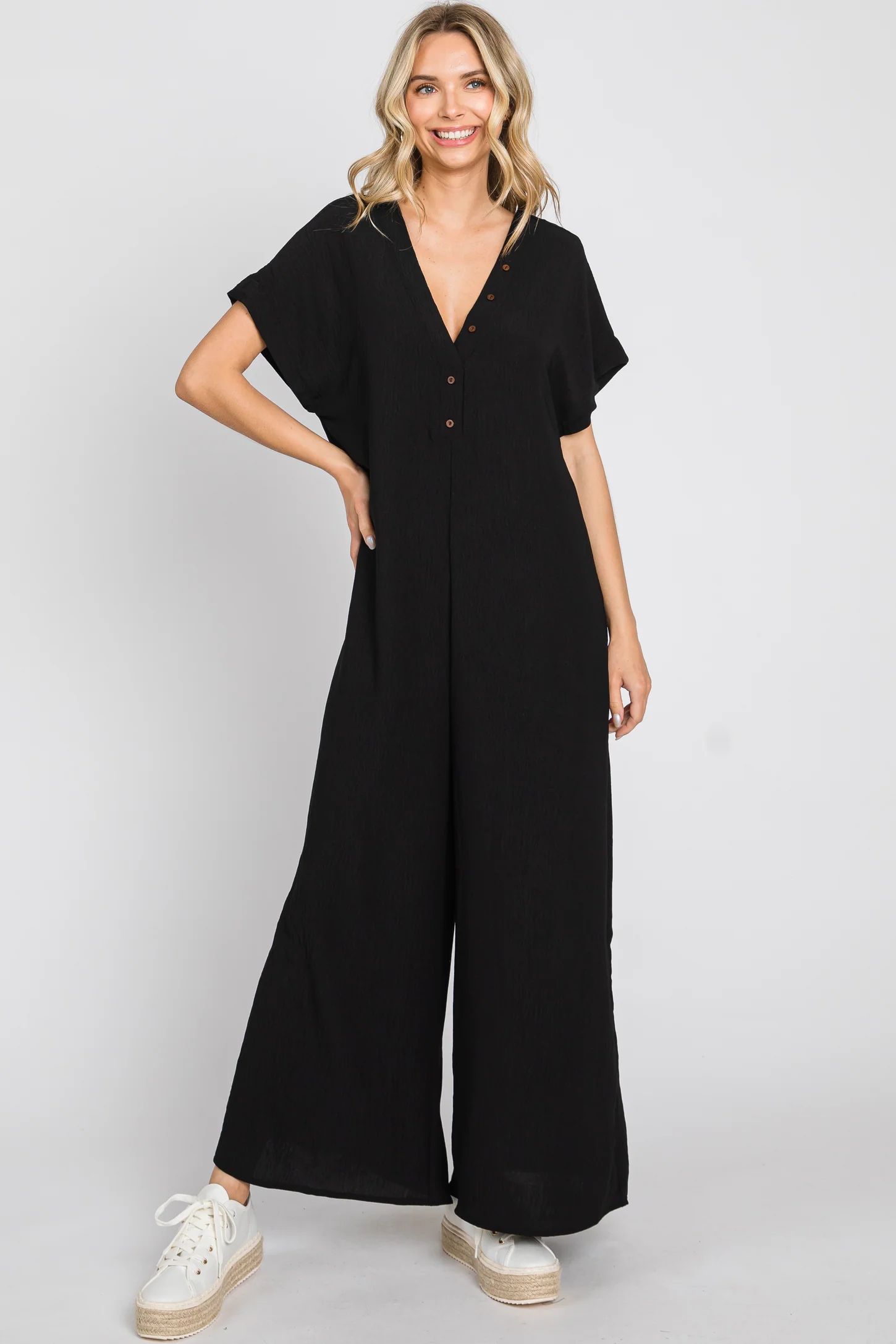 Black Front Button Accent Jumpsuit | PinkBlush Maternity
