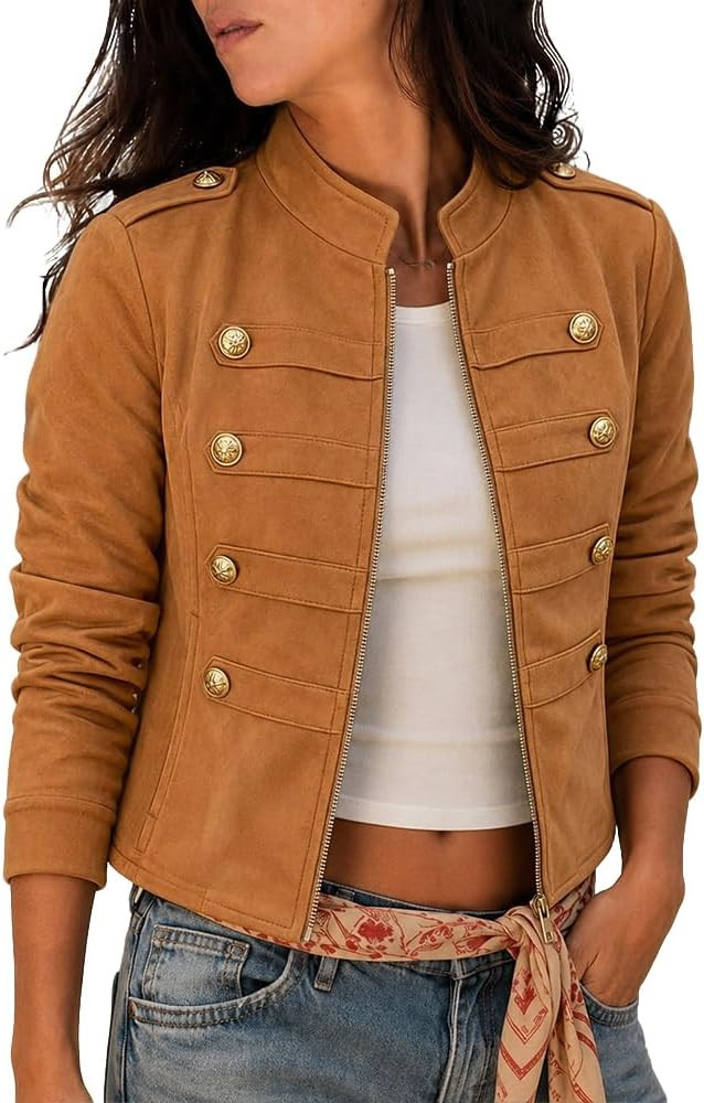 CHICME Women's Faux Suede Cropped Jacket Lightweight Stand Collar Fall Coat | Amazon (US)