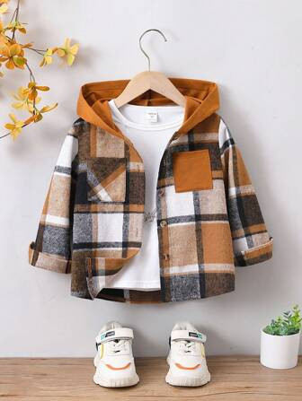 SHEIN Kids EVRYDAY Young Boy Plaid Print Hooded Coat Without Tee | SHEIN