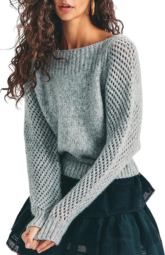 ZAFUL Women Off Shoulder Crochet Sweater Loose Fit Long Sleeve Knit Pullover Tops | Amazon (US)