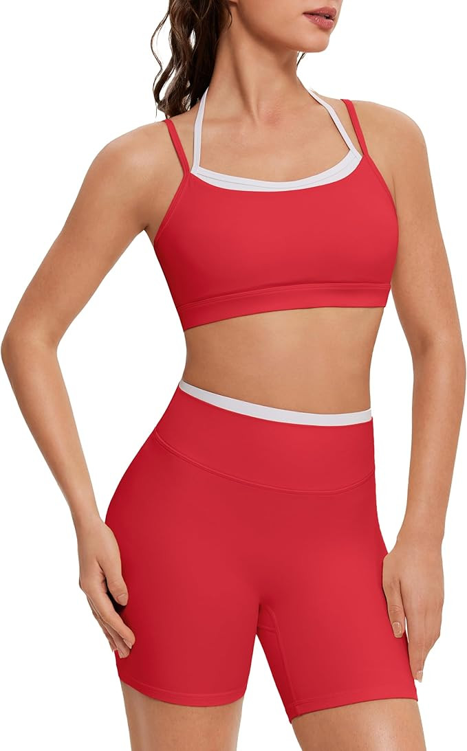 OMKAGI Workout Sets for Women Cute Doubel Layer Open Back Sports Bras Gym Shorts Outfits | Amazon (US)
