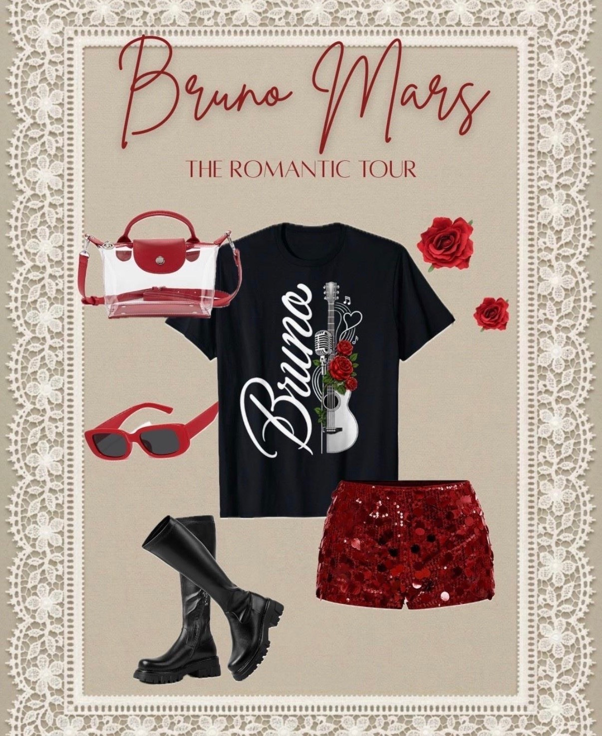 Heading to see Bruno Mars? 🌹✨ 

Get concert-ready with this romantic, edgy, and venue-approved outfit idea! Pairing graphic band tees with bold sequin shorts and statement accessories is the ultimate concert vibe.